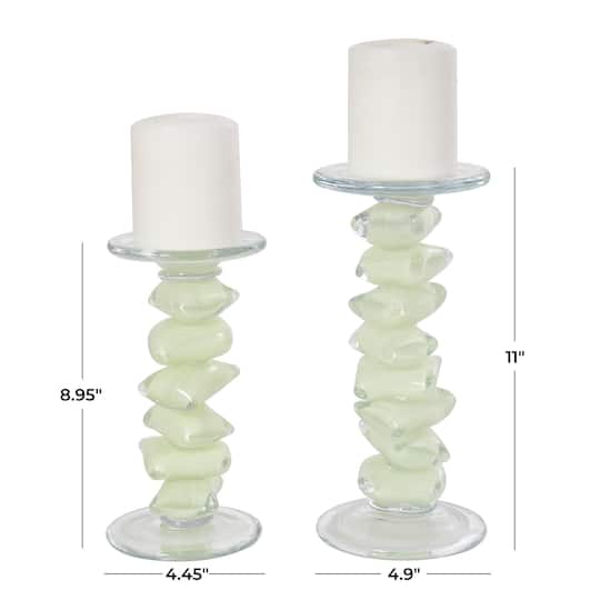 Green Glass Stacked Stone Candle Holder Set